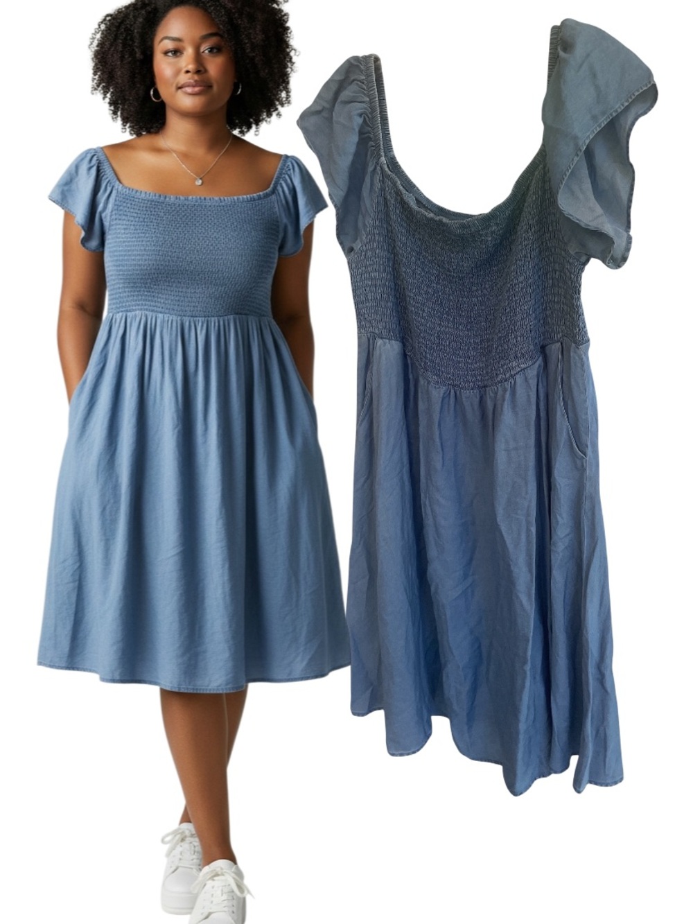 Torrid Blue Chambray Off Shoulder Smocked Dress Size 1 Lyocell Pocket - Picture 1 of 7